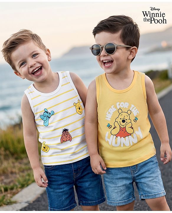 Babyhug Disney Single Jersey Knit Sleeveless Striped Vest With Winnie the Pooh Graphic Pack of 2 - White & Yellow