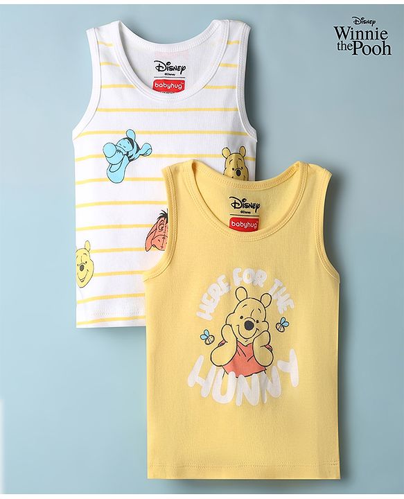Babyhug Disney Single Jersey Knit Sleeveless Striped Vest With Winnie the Pooh Graphic Pack of 2 - White & Yellow