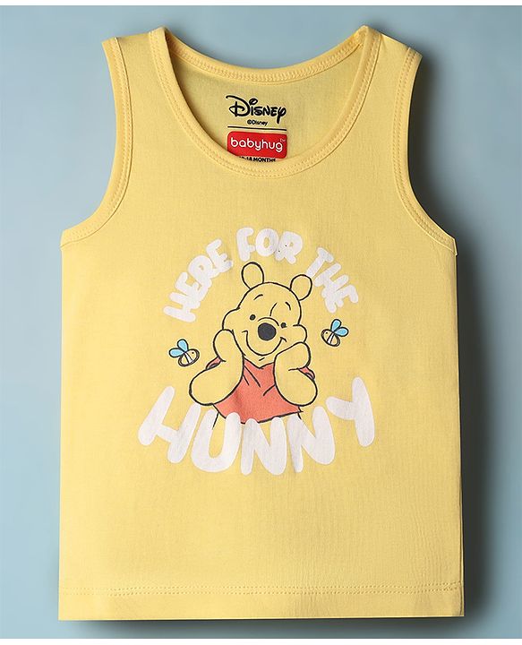 Babyhug Disney Single Jersey Knit Sleeveless Striped Vest With Winnie the Pooh Graphic Pack of 2 - White & Yellow