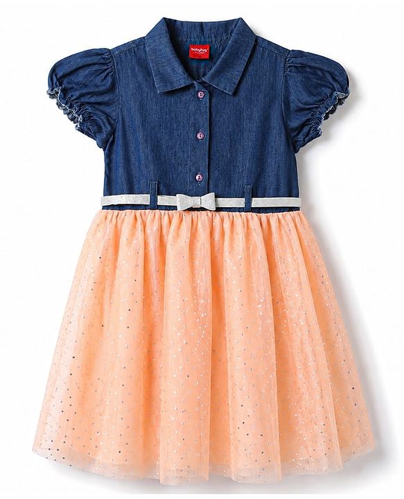 Babyhug Mesh Woven Half Sleeves Polka Dots Embellished Frock With Belt - Peach