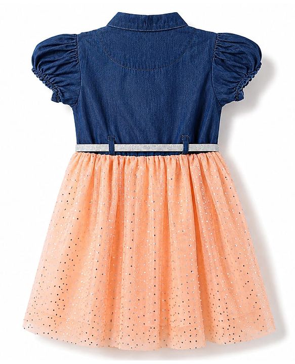 Babyhug Mesh Woven Half Sleeves Polka Dots Embellished Frock With Belt - Peach