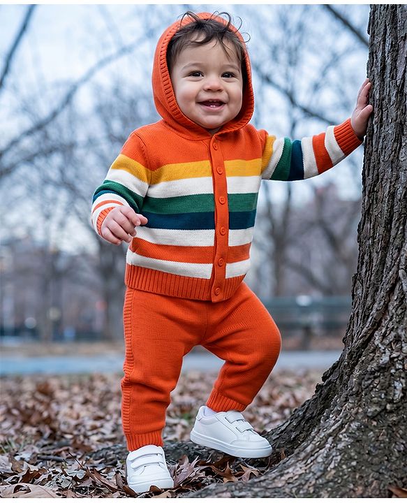 Babyhug Knit Full Sleeves Hooded  Sweater Set With Stripes - Orange