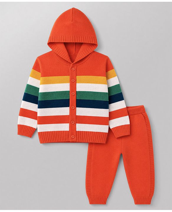 Babyhug Knit Full Sleeves Hooded  Sweater Set With Stripes - Orange