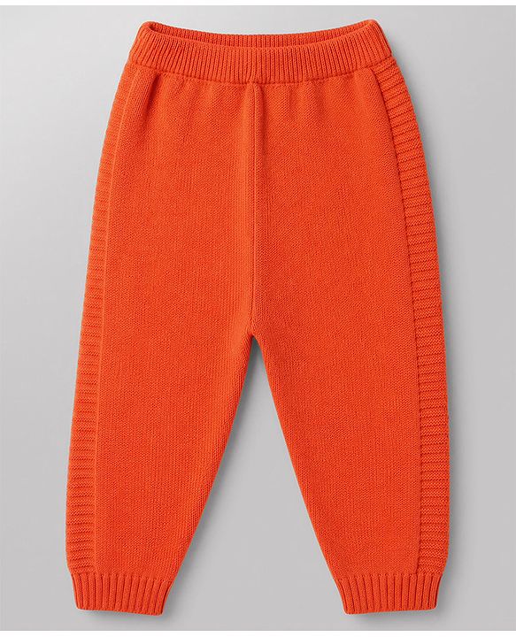 Babyhug Knit Full Sleeves Hooded  Sweater Set With Stripes - Orange