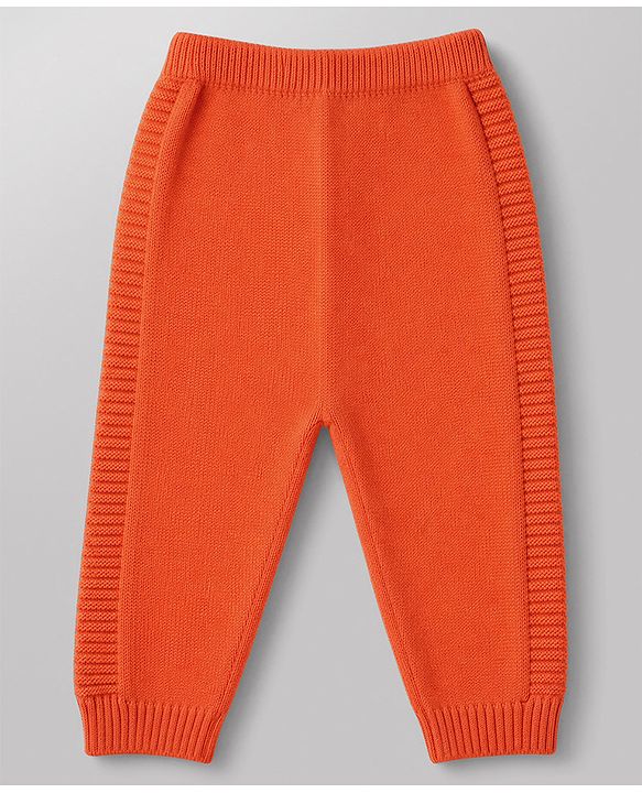 Babyhug Knit Full Sleeves Hooded  Sweater Set With Stripes - Orange
