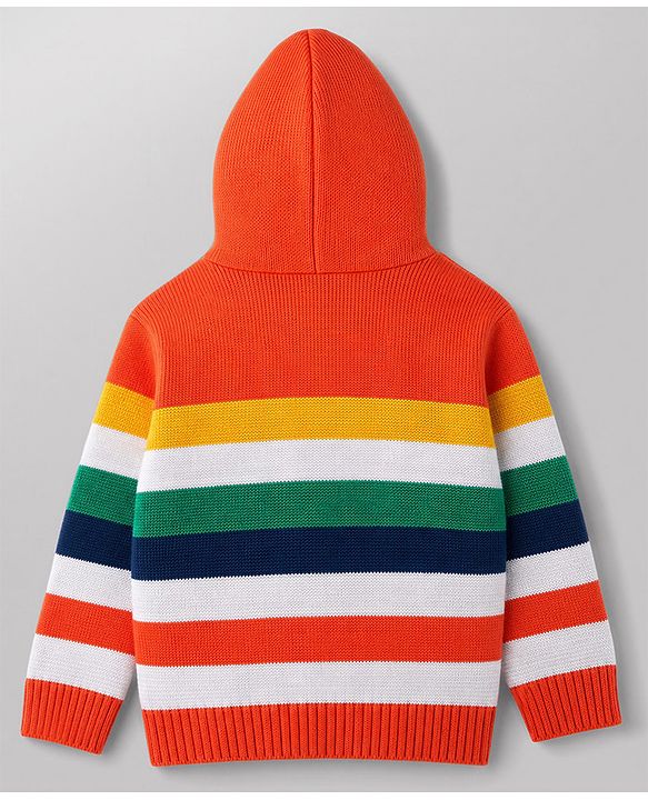 Babyhug Knit Full Sleeves Hooded  Sweater Set With Stripes - Orange