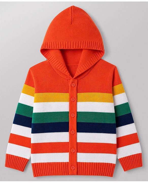 Babyhug Knit Full Sleeves Hooded  Sweater Set With Stripes - Orange