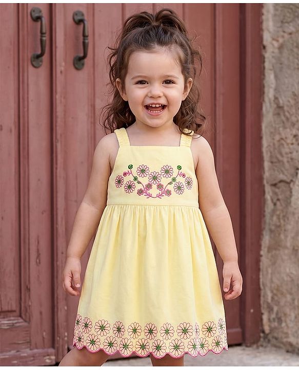 Babyhug Cotton Woven Sleeveless Floral Embroidered Frock - Yellow