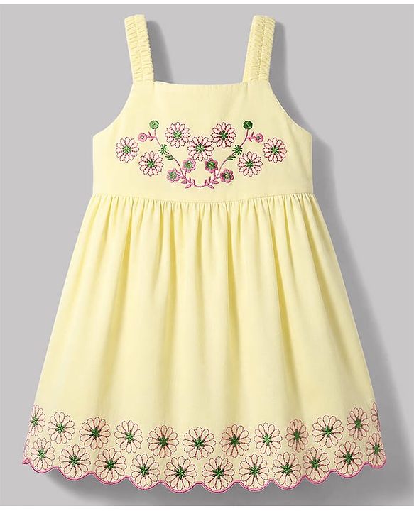 Babyhug Cotton Woven Sleeveless Floral Embroidered Frock - Yellow