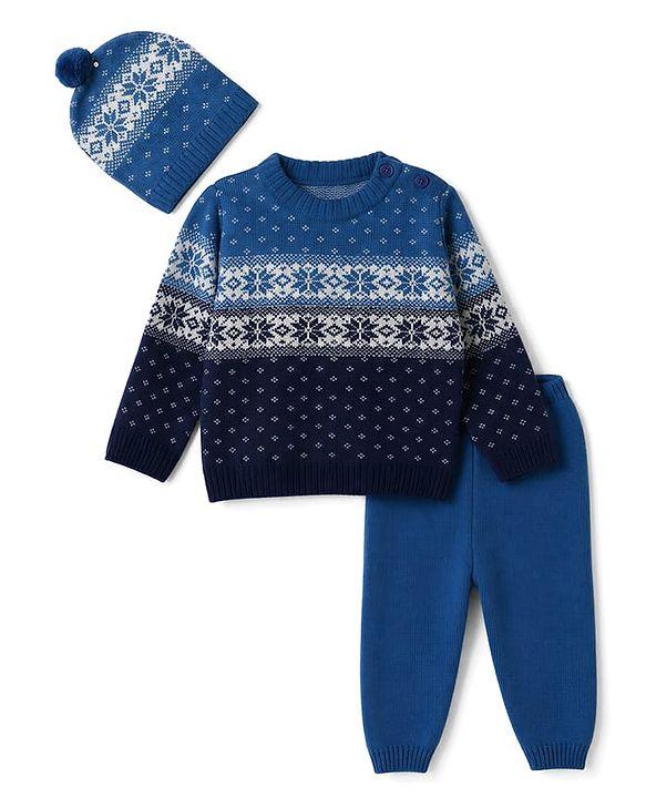 Babyhug Knit Full Sleeves Sweater Set With Cap & Floral Design - Blue