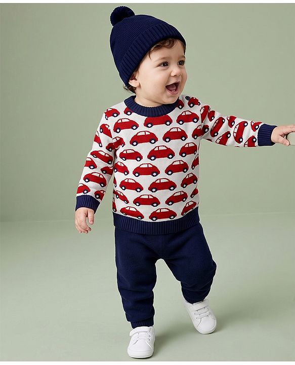 Babyhug  Knit Full Sleeves Car Design Sweater Set with Cap - Red
