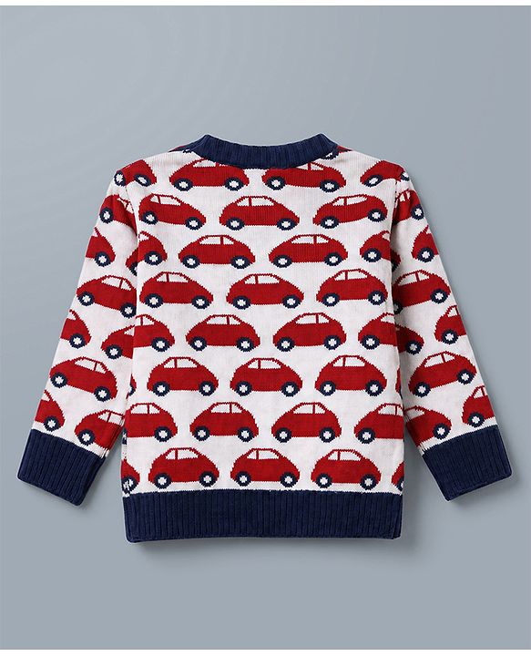 Babyhug  Knit Full Sleeves Car Design Sweater Set with Cap - Red