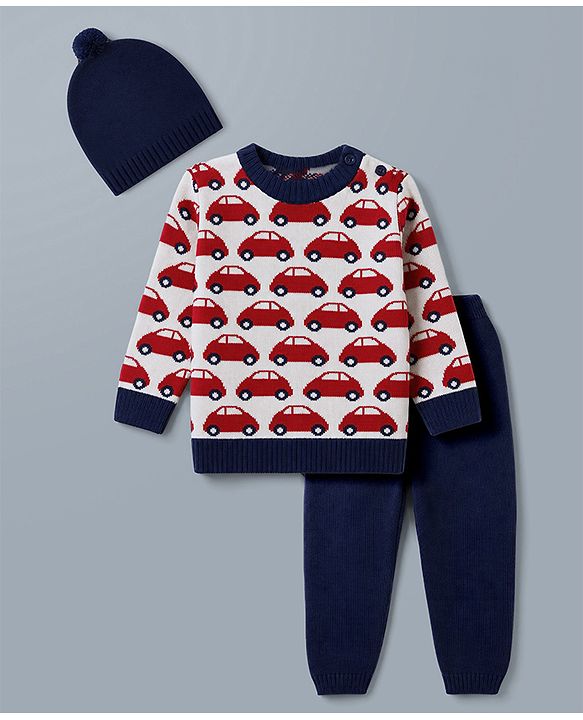 Babyhug  Knit Full Sleeves Car Design Sweater Set with Cap - Red