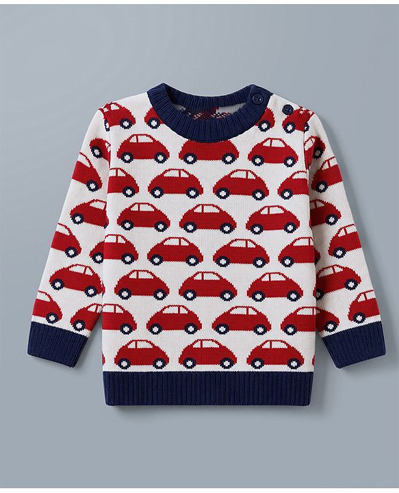 Babyhug  Knit Full Sleeves Car Design Sweater Set with Cap - Red