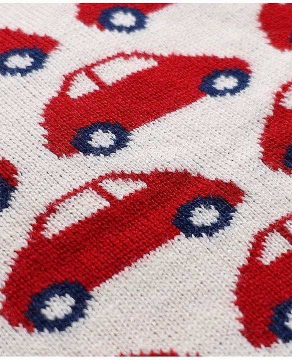 Babyhug  Knit Full Sleeves Car Design Sweater Set with Cap - Red