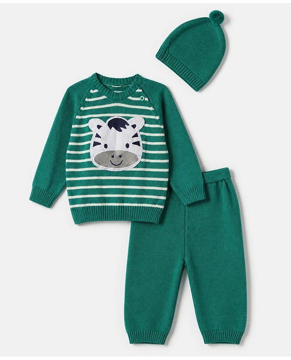Babyhug Knit Full Sleeves Sweater Set with Cap and Zebra Applique - Green