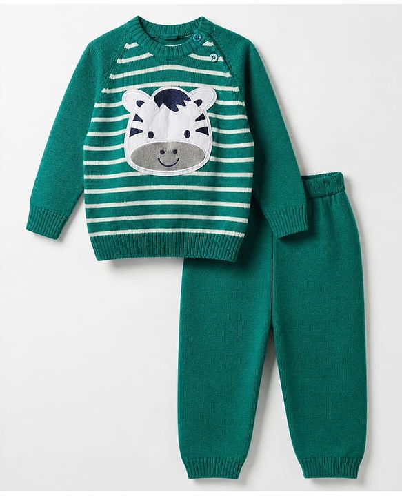 Babyhug Knit Full Sleeves Sweater Set with Cap and Zebra Applique - Green