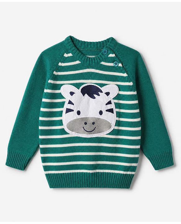 Babyhug Knit Full Sleeves Sweater Set with Cap and Zebra Applique - Green