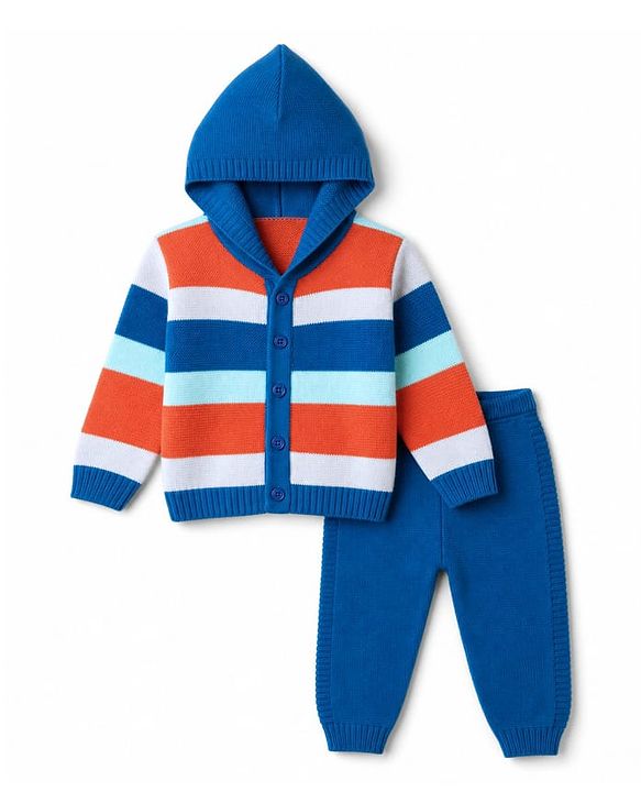Babyhug Knit Full Sleeves Striped Hooded Sweater Set -Blue