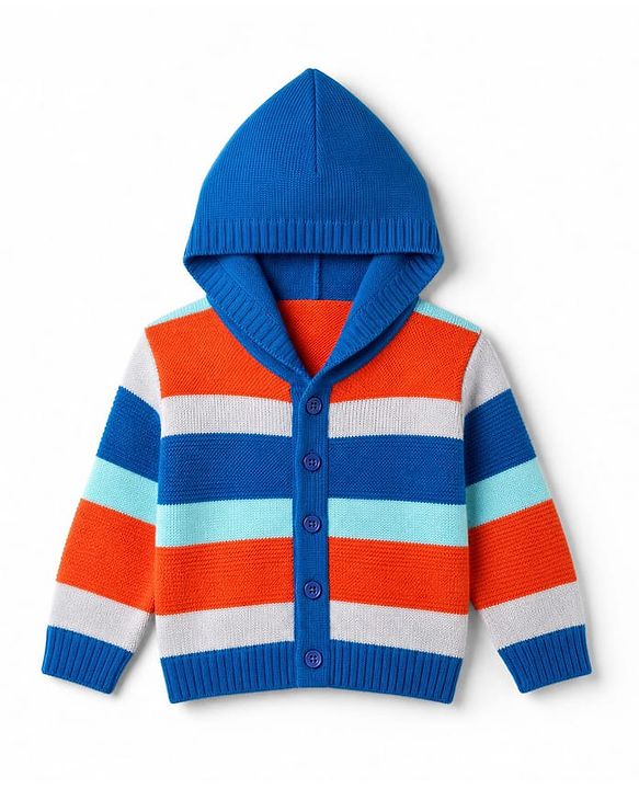 Babyhug Knit Full Sleeves Striped Hooded Sweater Set -Blue
