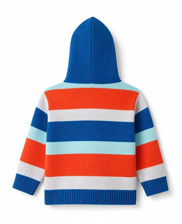 Babyhug Knit Full Sleeves Striped Hooded Sweater Set -Blue