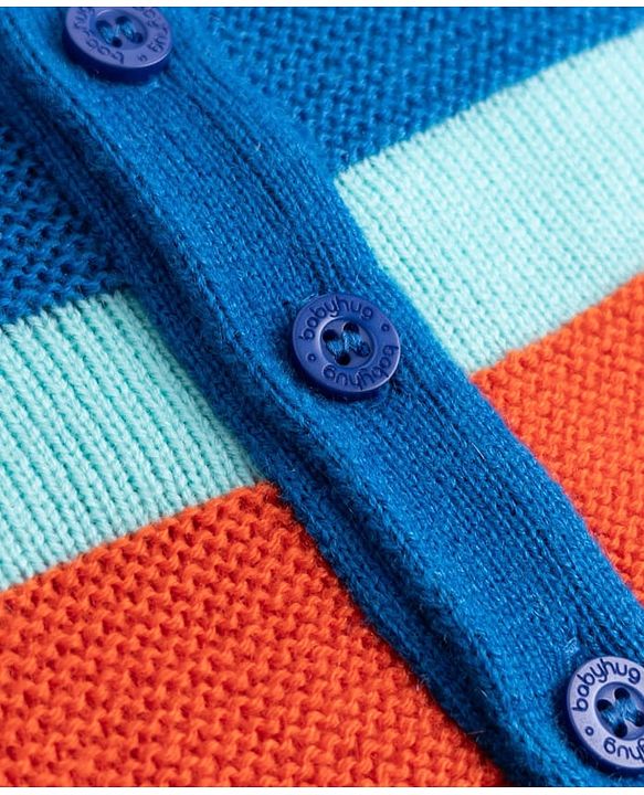 Babyhug Knit Full Sleeves Striped Hooded Sweater Set -Blue
