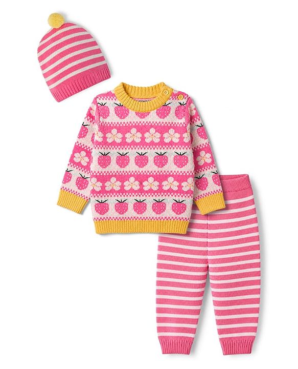 Babyhug Knit Full Length Full Sleeves Sweater Set with Cap and Strawberry Design in Pink