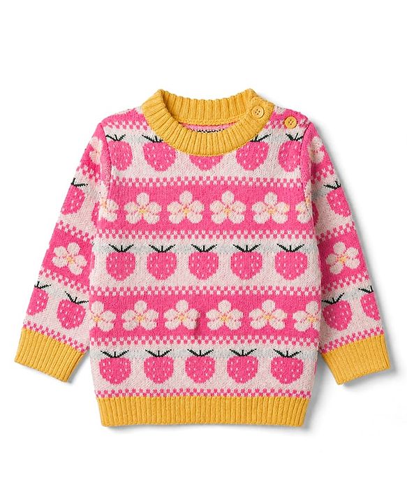 Babyhug Knit Full Length Full Sleeves Sweater Set with Cap and Strawberry Design in Pink