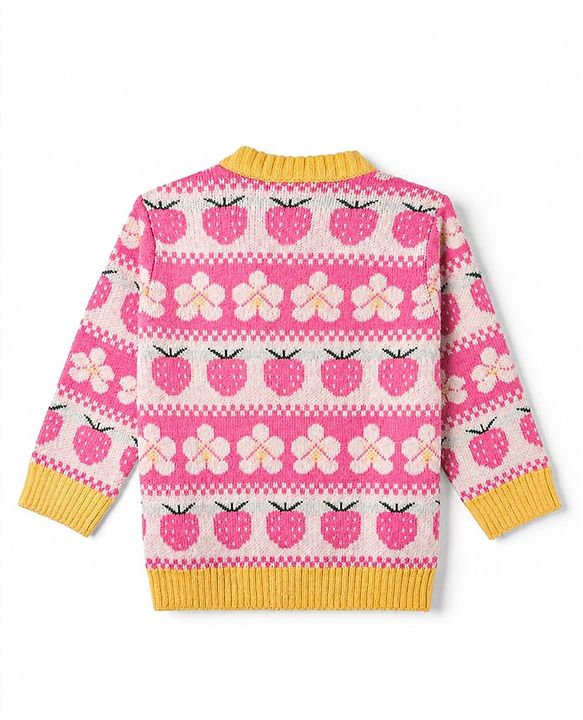 Babyhug Knit Full Length Full Sleeves Sweater Set with Cap and Strawberry Design in Pink