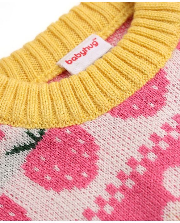 Babyhug Knit Full Length Full Sleeves Sweater Set with Cap and Strawberry Design in Pink