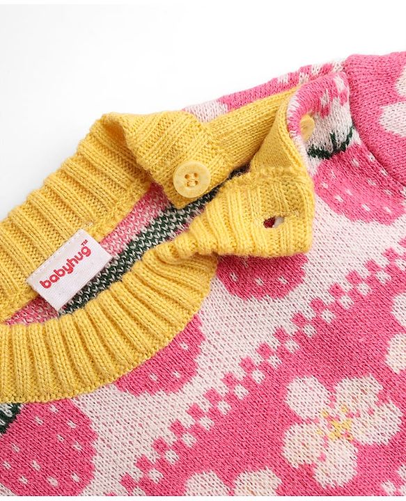 Babyhug Knit Full Length Full Sleeves Sweater Set with Cap and Strawberry Design in Pink