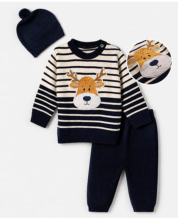 Babyhug Knit Full Sleeves Sweater Sets with Cap and Reindeer Patch in Navy Blue