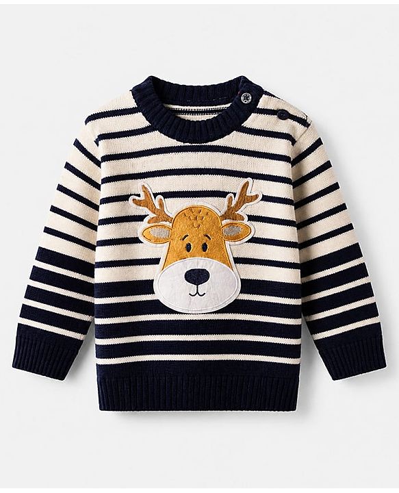 Babyhug Knit Full Sleeves Sweater Sets with Cap and Reindeer Patch in Navy Blue