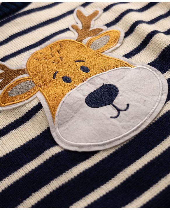 Babyhug Knit Full Sleeves Sweater Sets with Cap and Reindeer Patch in Navy Blue