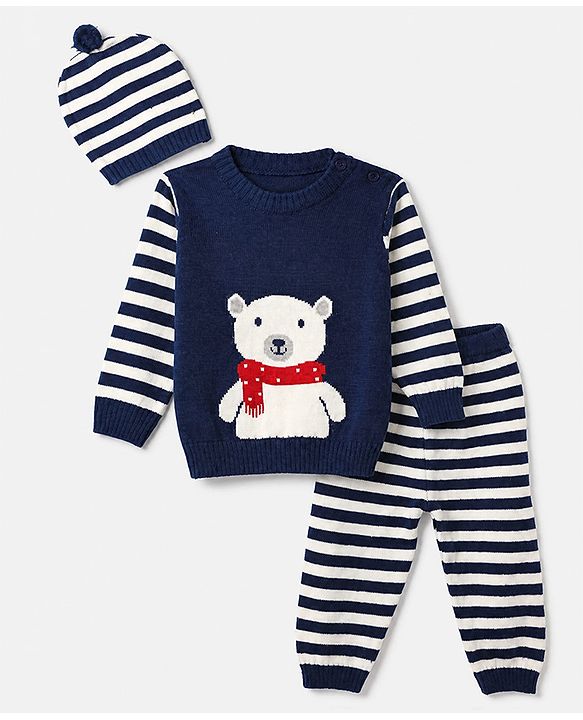 Babyhug Knit Full Sleeves Striped Sweater Set with Cap and Bear Design in Navy Blue