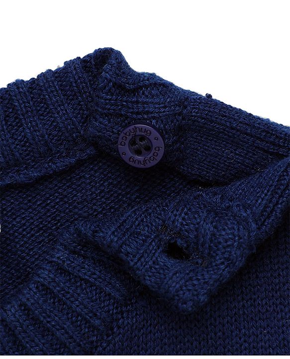 Babyhug Knit Full Sleeves Striped Sweater Set with Cap and Bear Design in Navy Blue