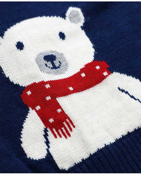 Babyhug Knit Full Sleeves Striped Sweater Set with Cap and Bear Design in Navy Blue