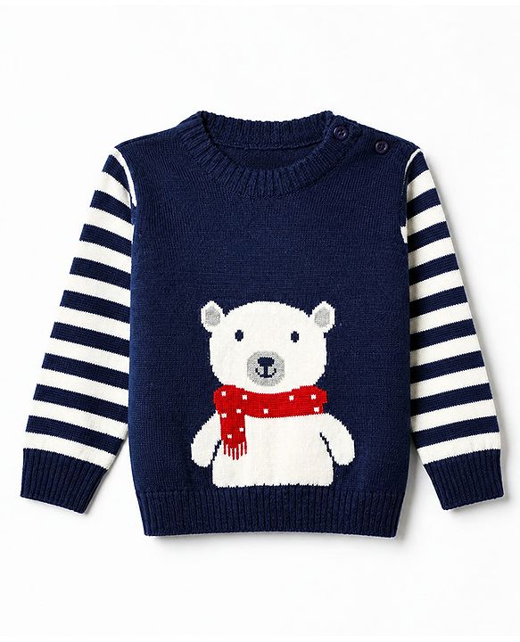 Babyhug Knit Full Sleeves Striped Sweater Set with Cap and Bear Design in Navy Blue