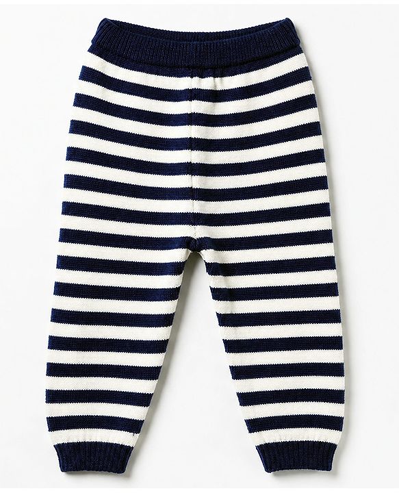 Babyhug Knit Full Sleeves Striped Sweater Set with Cap and Bear Design in Navy Blue