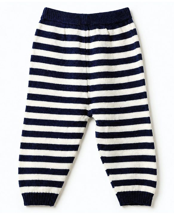 Babyhug Knit Full Sleeves Striped Sweater Set with Cap and Bear Design in Navy Blue