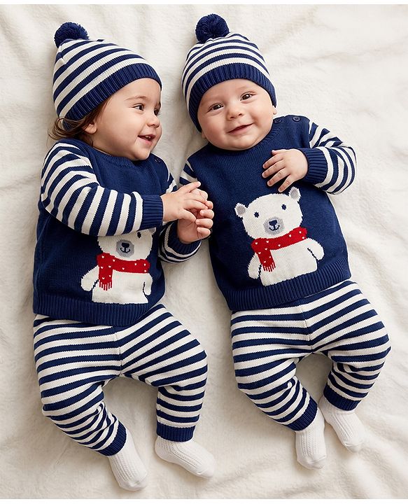 Babyhug Knit Full Sleeves Striped Sweater Set with Cap and Bear Design in Navy Blue