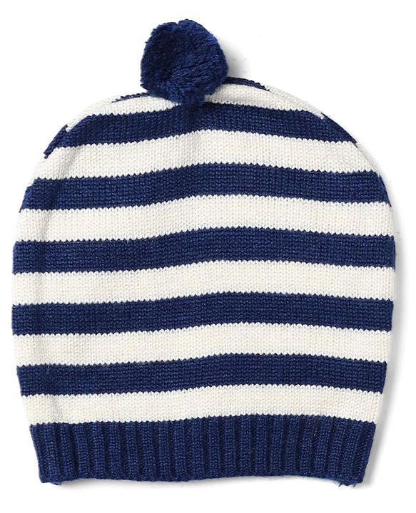 Babyhug Knit Full Sleeves Striped Sweater Set with Cap and Bear Design in Navy Blue