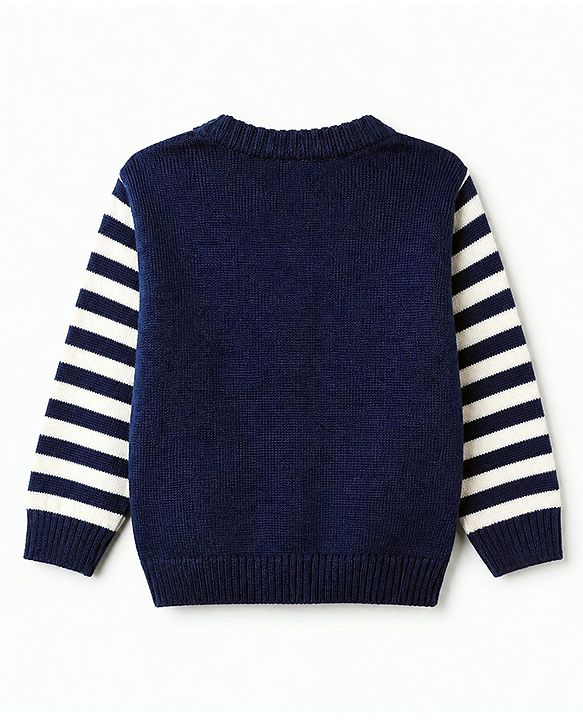 Babyhug Knit Full Sleeves Striped Sweater Set with Cap and Bear Design in Navy Blue