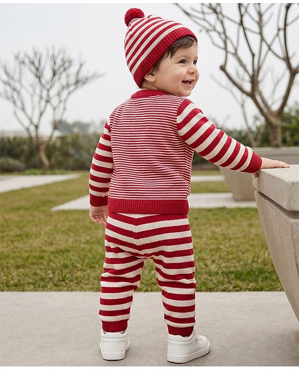 Babyhug Knit Full Sleeves Sweater Set with Cap and Tiger Applique in Rust Orange