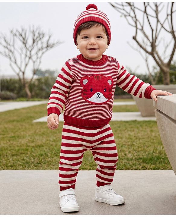 Babyhug Knit Full Sleeves Sweater Set with Cap and Tiger Applique in Rust Orange