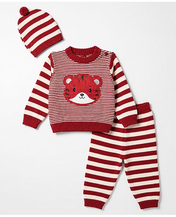 Babyhug Knit Full Sleeves Sweater Set with Cap and Tiger Applique in Rust Orange
