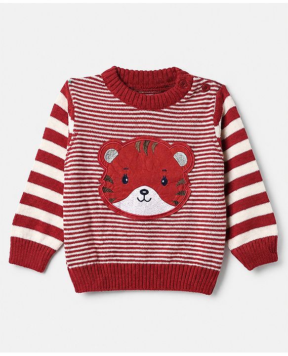 Babyhug Knit Full Sleeves Sweater Set with Cap and Tiger Applique in Rust Orange