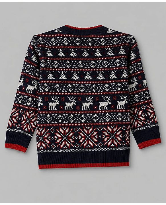 Babyhug Knit Full Sleeves Sweater Set With Cap & Floral Design - Red & Navy Blue