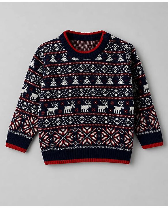 Babyhug Knit Full Sleeves Sweater Set With Cap & Floral Design - Red & Navy Blue
