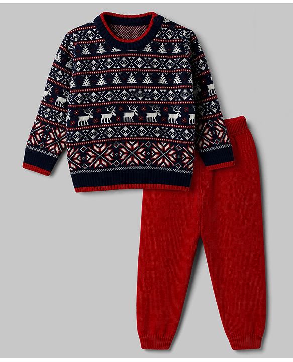 Babyhug Knit Full Sleeves Sweater Set With Cap & Floral Design - Red & Navy Blue